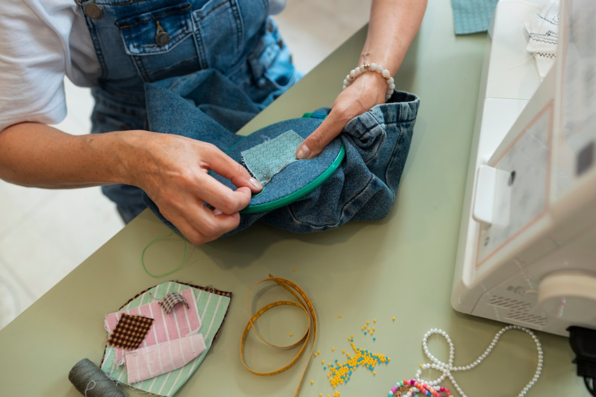 A person hand-sewing a patch onto denim fabric using an embroidery hoop, surrounded by colorful threads and fabric scraps.
