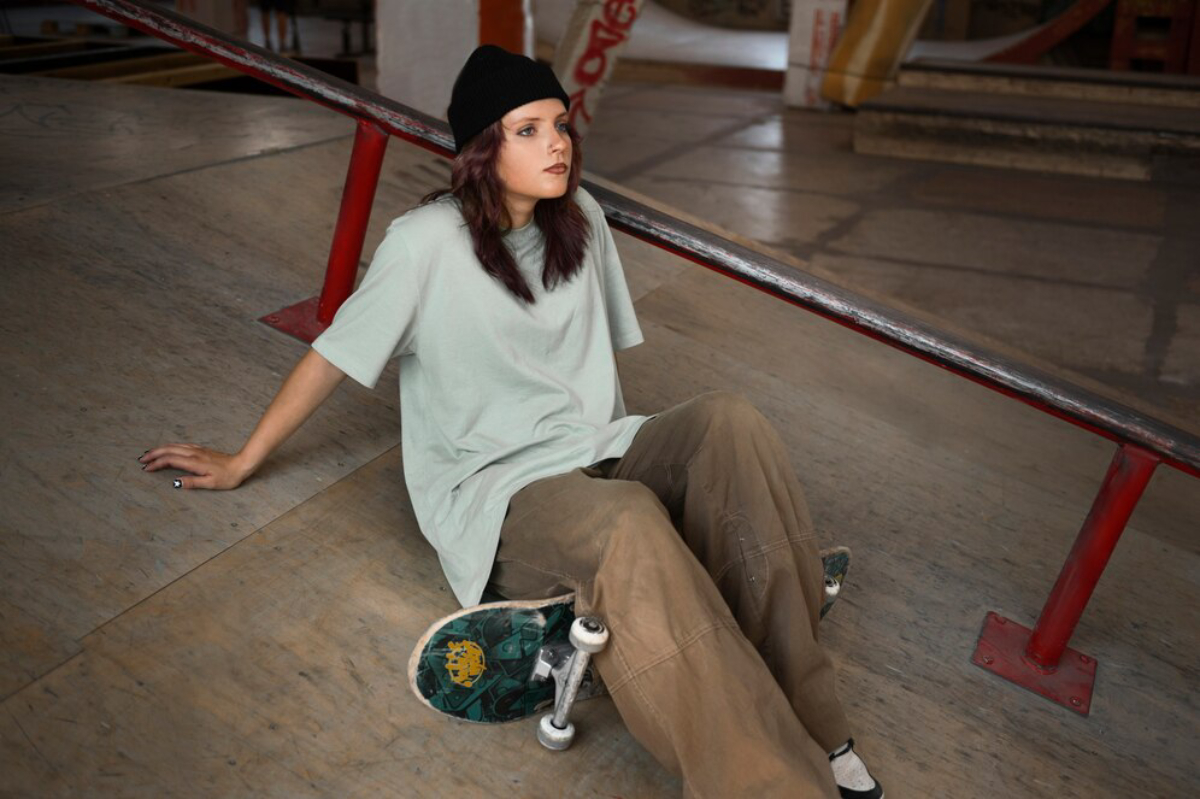 A skateboarder sits on a wooden floor, wearing a loose green shirt and khaki pants, with a skateboard beside them near a rail.