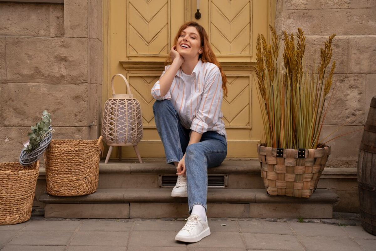 A person sits on steps in front of a yellow door, surrounded by decorative woven baskets and a potted plant with tall grass.