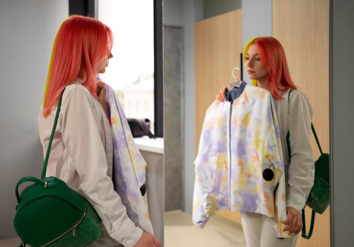 A person holding a colorful jacket in front of a mirror, wearing a white outfit and a green backpack in a bright room.