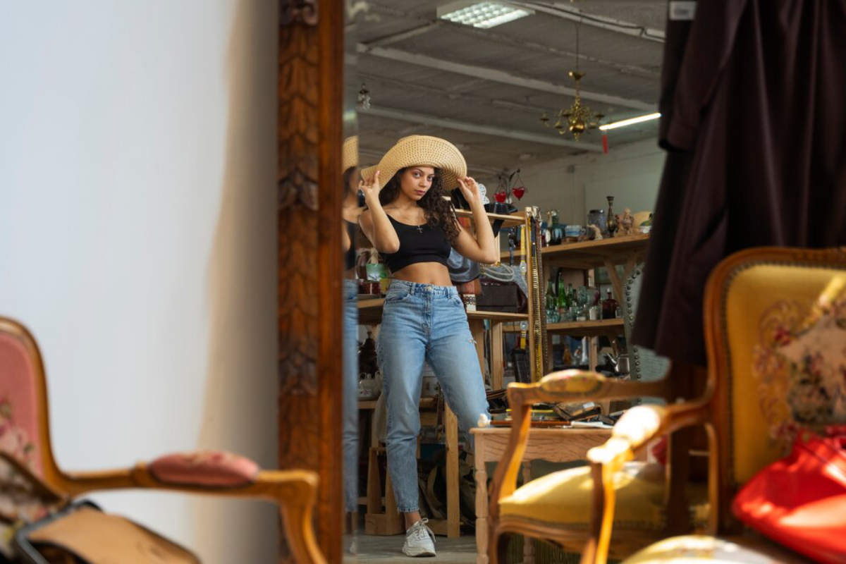 A woman stands in front of a mirror, wearing a crop top and high-waisted jeans, surrounded by vintage furniture and decor.
