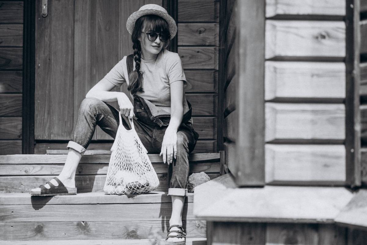 Woman in sunglasses and straw hat sitting on wooden steps, holding a mesh bag, dressed in casual attire.