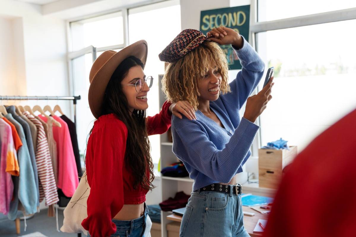 Two women trying on hats and taking a selfie in a brightly lit secondhand clothing store. 